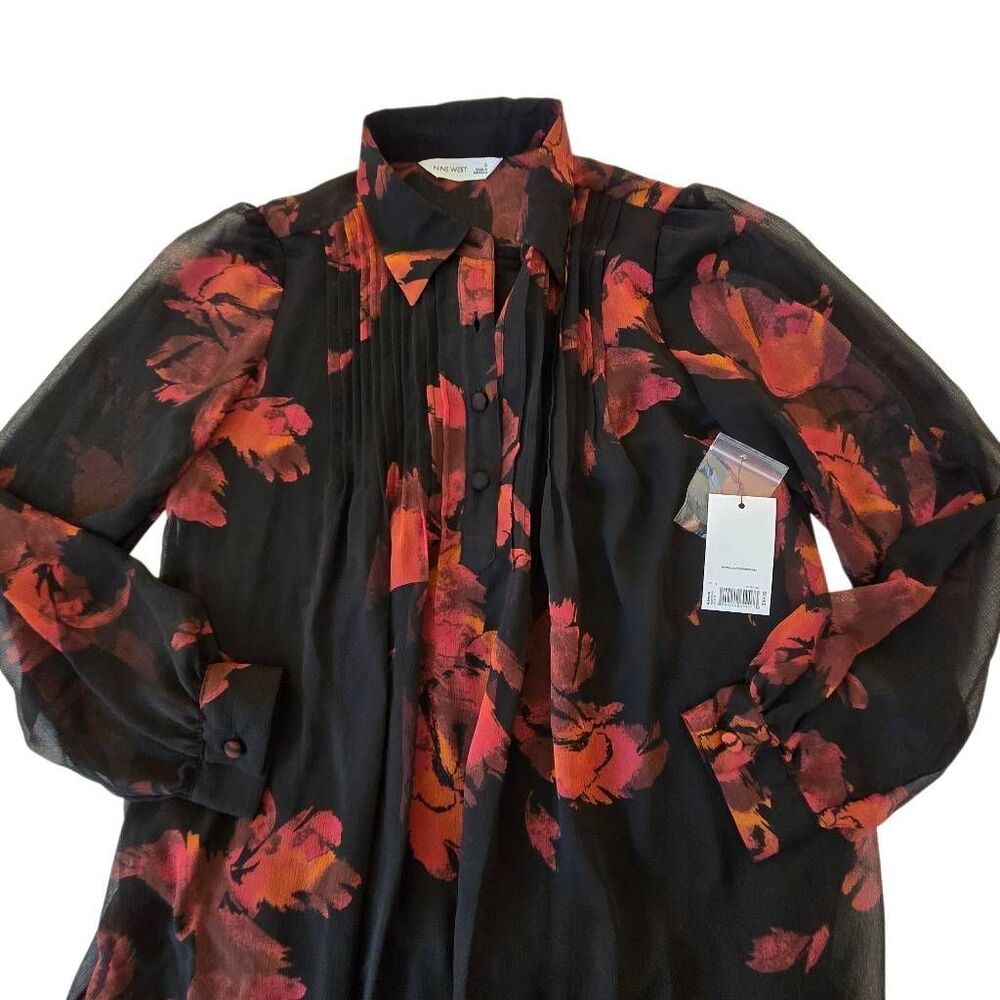NEW Nine West Womens Black Red Floral Georgette Fabric Shirt Dress Small - Picture 7 of 12